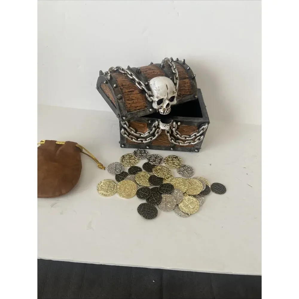 Nautical Pirate Skull Treasure Chest, Unique Trinket Box, 6 Inches. Coins Too!!